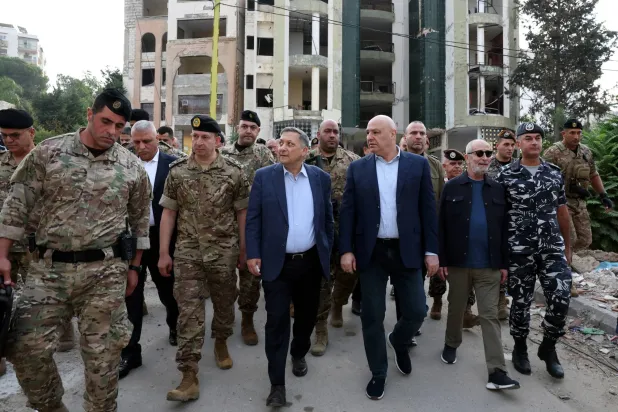 A handout photo made available by the Lebanese Presidency press office shows Lebanese President Joseph Aoun (4-L) during a visit to southern Lebanon, 12 September 2026. (Lebanese Presidency press office)