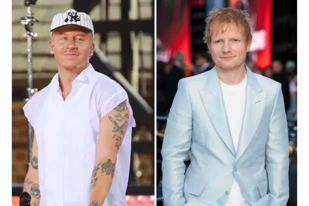  Recording artist Macklemore appears on ABC's "Good Morning America" Summer Concert Series in Central Park in New York on July 22, 2022, left, and Ed Sheeran appears at the premiere of the film "F1 The Movie" in London on June 23, 2025. (AP) 