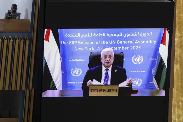 Palestinian President Mahmoud Abbas delivers a video address to the UN General Assembly in September 2025 (EPA)