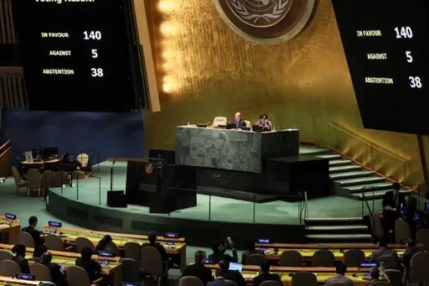 Voting results are seen on the screen during a special session of the UN General Assembly on Russia's invasion of Ukraine, at the United Nations headquarters in New York City, New York, US, March 24, 2022. REUTERS/Brendan McDermid