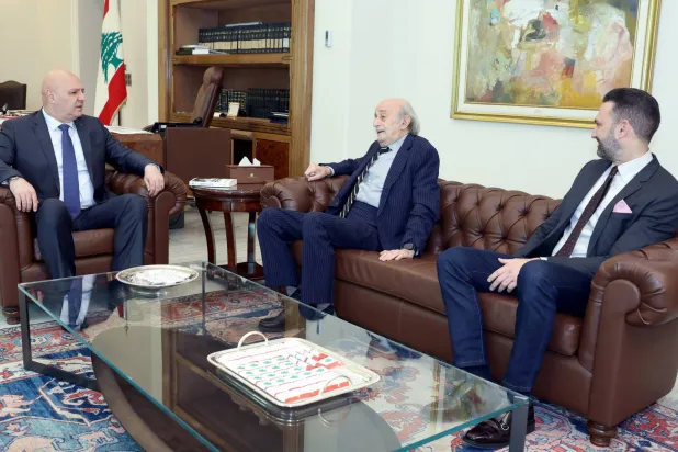 Lebanon’s President Joseph Aoun holds a meeting with former head of the Progressive Socialist Party, Walid Jumblatt and his son, MP Taymour Jumblatt, at the Presidential Palace in Baabda on Monday (Lebanese Presidency)