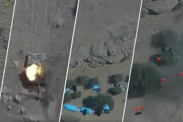 لقطة من فيديو فبركه الحوثيون عن استهدافهم مواقع للجيش اليمني بالطيران المسيَّر (إعلام حوثي)
