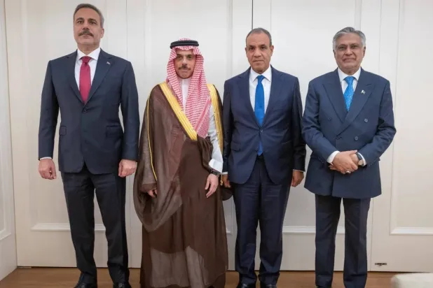 The foreign ministers of Saudi Arabia, Egypt, Pakistan and Türkiye meet in New York. (SPA)