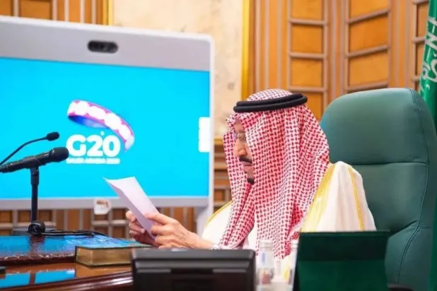 King Salman chairs the extraordinary virtual G20 Leaders' Summit from Riyadh. SPA