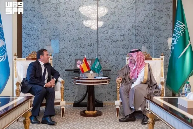 Saudi Minister of Foreign Affairs Prince Faisal bin Farhan bin Abdullah meets with Spanish Minister of Foreign Affairs José Manuel Albares Bueno. (SPA)