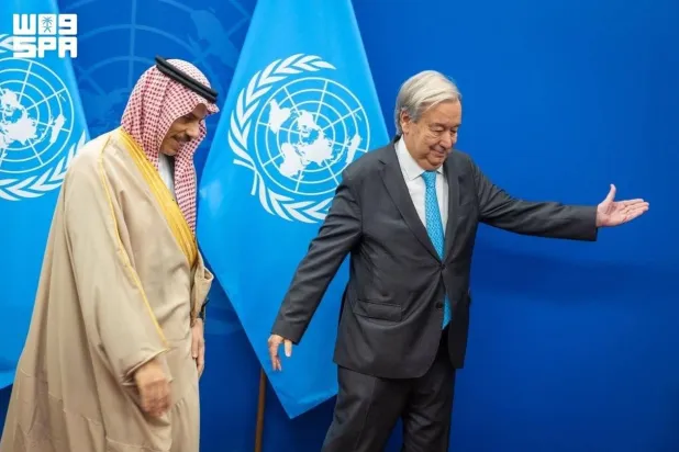  الأمير فيصل بن فرحان وزير الخارجية السعودي والأمين العام للأمم المتحدة أنطونيو غوتيريش (واس)