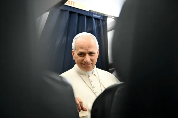 Pope Leo gives a press conference with accredited journalists on the return flight from France, September 28, 2026. (Reuters)