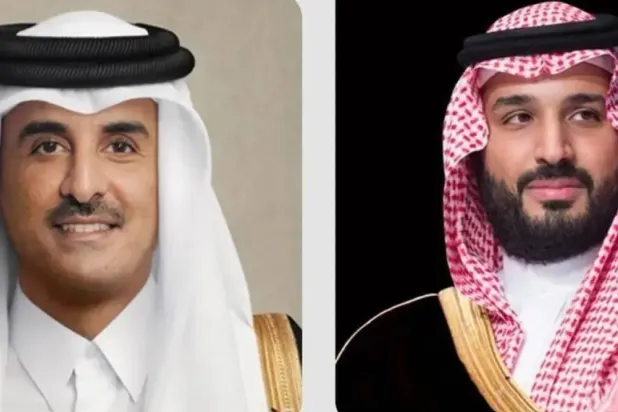 Combined photo of Prince Mohammed bin Salman bin Abdulaziz Al Saud, Crown Prince and Prime Minister of Saudi Arabia on the right, and Emir of Qatar Sheikh Tamim bin Hamad Al Thani to the left. (SPA)
