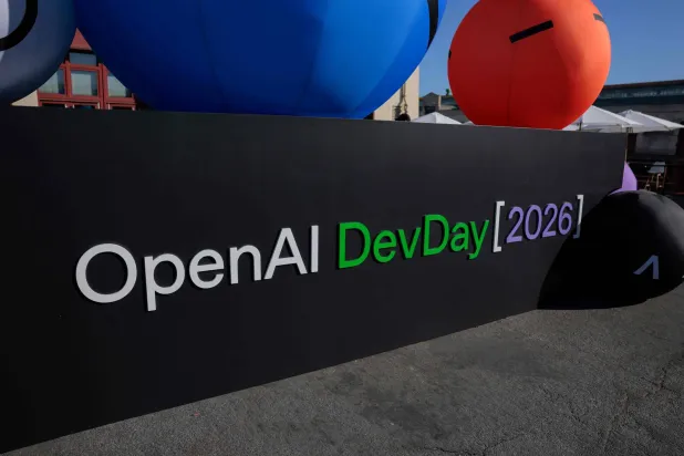 An OpenAI display welcomes attendees as they arrive for an OpenAI developers conference at Fort Mason on September 29, 2026, in San Francisco, California. (Getty Images/AFP) 