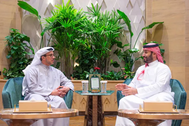 ولي العهد خلال لقائه نائب رئيس الإمارات أمس (واس)