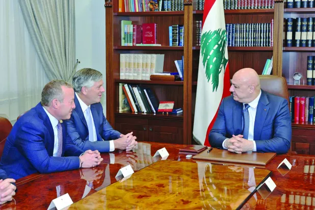 President Joseph Aoun welcoming US Congress members Darin LaHood and Josh Gottheimer (Lebanese Presidency)