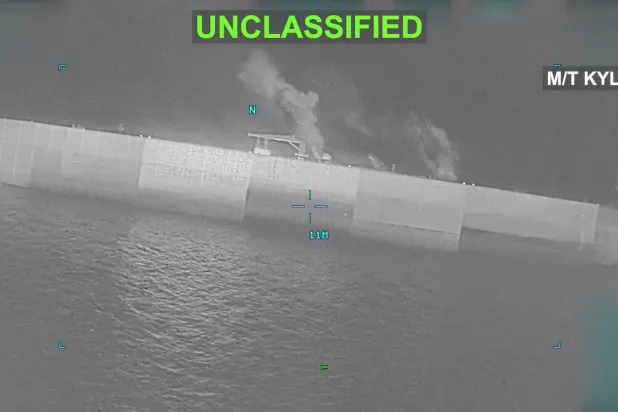 Fire and smoke rise from what US Central Command (CENTCOM) says shows M/T Kylo in a location given as the Gulf of Oman during strikes on Iranian oil carriers, in this screengrab taken from a handout video released on September 5, 2026. US Central Command/Handout via REUTERS 