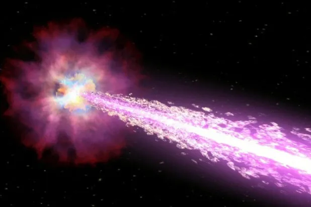 Gama ışını patlaması (GIP) tarafından üretilen yüksek enerjili parçacık jeti, sanatçı tasvirinde gösteriliyor (NASA/Swift/Cruz deWilde)