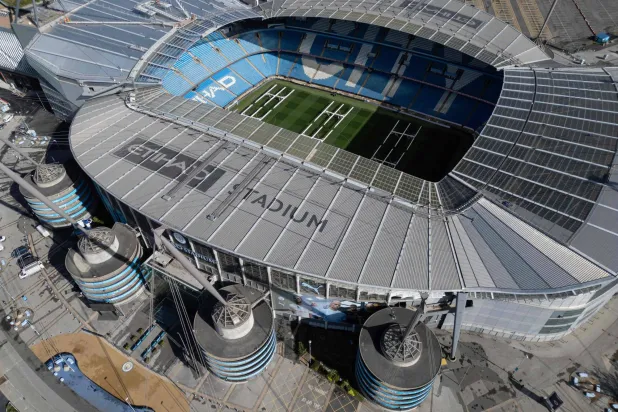 An aerial view shows the Etihad Stadium, the home ground of Manchester City football club, in Manchester, northwest England on September 30, 2026. (AFP)