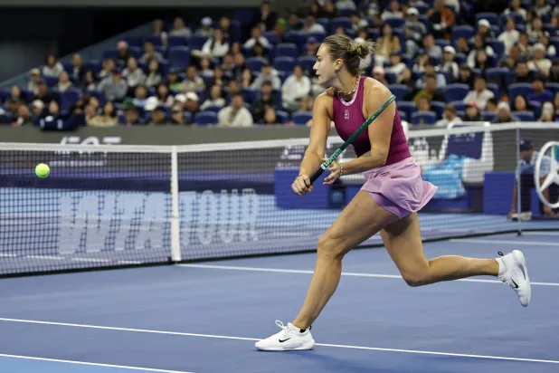 Aryna Sabalenka of Belarus in action against Renata Zarazua of Mexico during their women’s singles match at the China Open tennis tournament in Beijing, China, 02 October 2026.  EPA/ANDRES MARTINEZ CASARES