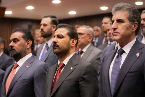 Irak Başbakanı Ali el-Zeydi, Bağdat'ta 2 Ekim'de düzenlenen “Egemenlik” konferansında, Kürdistan Bölgesel Yönetimi Başkanı Neçirvan Barzani (sağda) ve Meclis Başkanı Heybet el-Halbusi'nin (solda) arasında (Reuters)