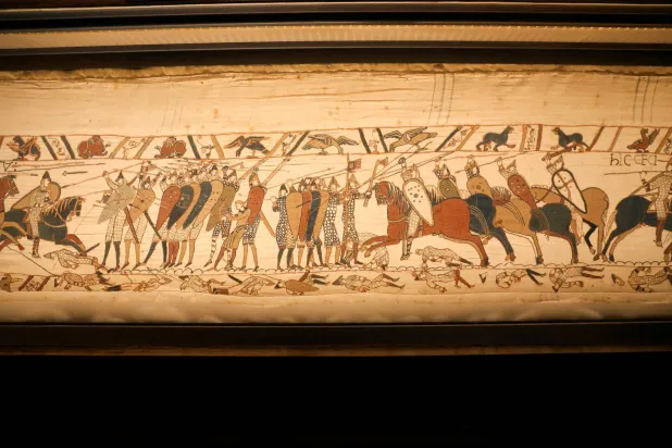 The fragile 70-meter tapestry went on display in the UK for the first time in September on loan from its home in Normandy, France. (Reuters)