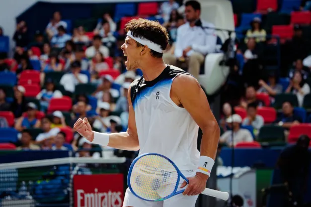 Ben Shelton of the USA reacts while in action against Daniel Altmaier of Germany during their Men's Singles match at the Shanghai Masters tennis tournament in Shanghai, China, 09 October 2026.  EPA/ALEX PLAVEVSKI