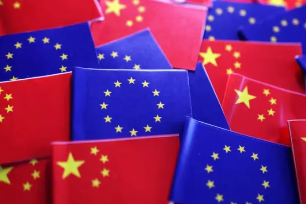 EU and Chinese flags are seen in this illustration taken, March 20, 2025. REUTERS/Dado Ruvic/Illustration