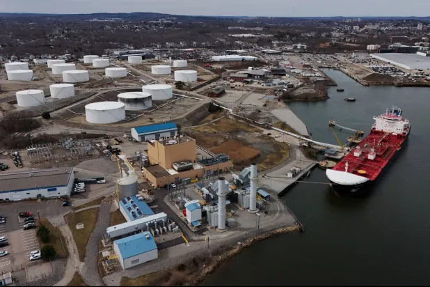 FILE PHOTO: A drone view shows the Portuguese flagged oil and chemical tanker ship CB Pacific docked at the Moran Shipping Agencies’ Citgo Petroleum Quincy/Braintree Terminal, March 18, 2026. REUTERS/Brian Snyder/File Photo