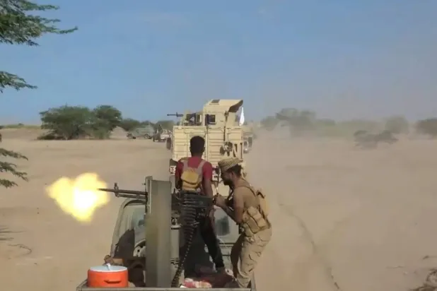 Soldiers from Yemen’s pro-government Giants Brigades during their campaign against the Houthis near Bab al-Mandab (AP). 