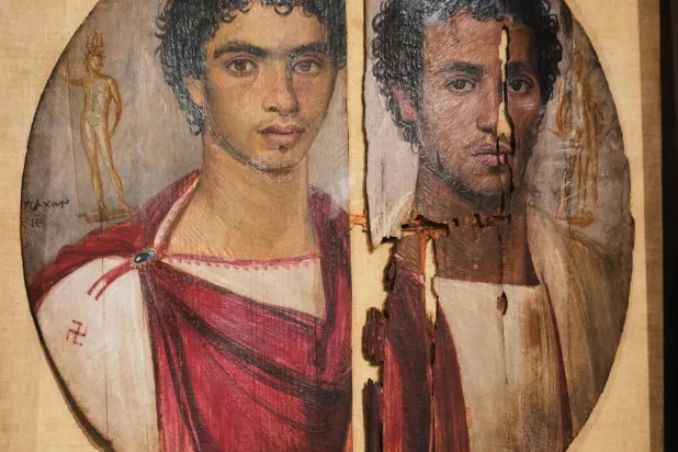 Fayoum portraits, "Tondo of the Two Brothers", Egyptian icons from the Greco-Roman period the 1st century BC, are displayed at the Egyptian Museum in Cairo, Egypt, Sunday, Oct. 11, 2026, after being restored. (AP Photo/Amr Nabil)