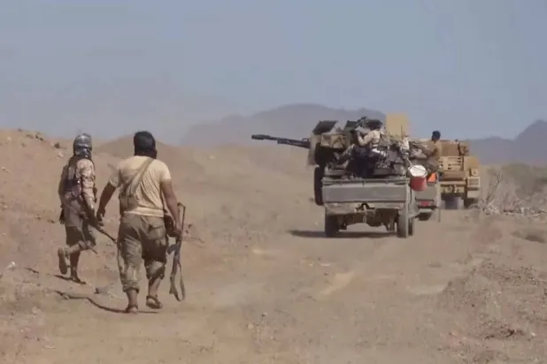 Fighters from the Yemeni government’s Southern Giants Brigades near the Bab al-Mandab Strait (AP) 