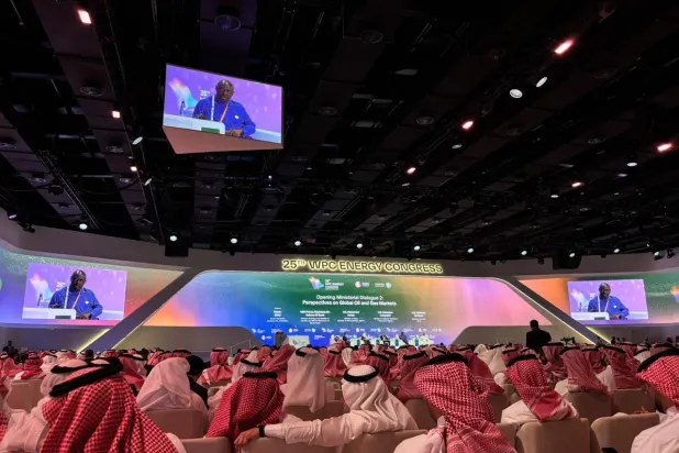 هاينكن لوك بيري يتحدث للحضور في الجلسة الحوارية المنعقدة بالرياض (الشرق الأوسط)