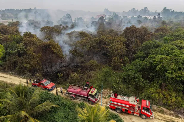 (FILES) This aerial picture shows fire fighters battling peatland fires in Sintang, West Kalimantan on September 5, 2026. (Photo by BAY ISMOYO / AFP)
