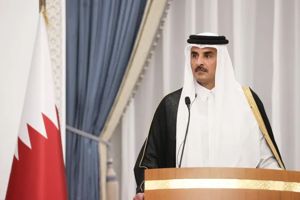 FILED - 02 October 2024, Qatar, Doha: FILE PHOTO - Qatari Emir Sheikh Tamim bin Hamad Al Thani speaks during a press conference in Doha. Photo: -/Iranian Presidency/dpa