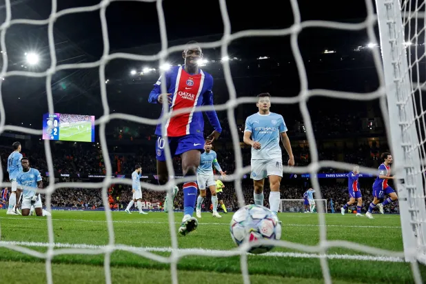 UEFA Champions League - Manchester City v Paris St Germain - Etihad Stadium, Manchester, Britain - October 14, 2026 Paris St Germain's Ousmane Dembele celebrates after Vitinha scores their third goal. (Reuters)
