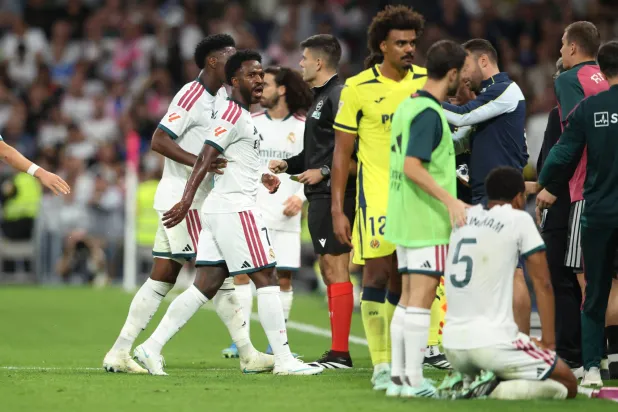 Football - LaLiga - Real Madrid v Villarreal - Estadio Bernabeu, Madrid, Spain - October 10, 2026 Real Madrid's Vinicius Junior reacts as he leaves the pitch after being shown a red card. (Reuters)