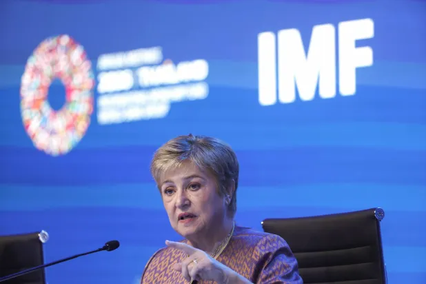 International Monetary Fund (IMF) Managing Director Kristalina Georgieva speaks during a press briefing on the Global Policy Agenda during the 2026 Annual Meetings of the IMF and the World Bank Group in Bangkok, Thailand, 14 October 2026. (EPA)