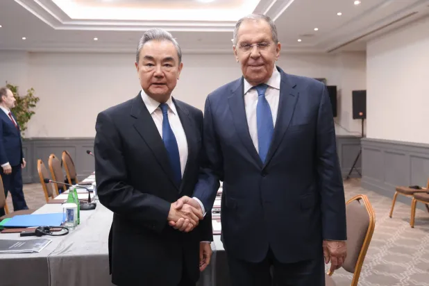 In this handout photograph taken and released by the Russian Foreign Ministry on October 14, 2026, Russia's Foreign Minister Sergei Lavrov and China's Foreign Minister Wang Yi hold a meeting on the sidelines of the Seventh Summit of the Conference on Interaction and Confidence Building Measures in Asia (CICA) in Baku. (Handout /Russian Foreign Ministry / AFP)