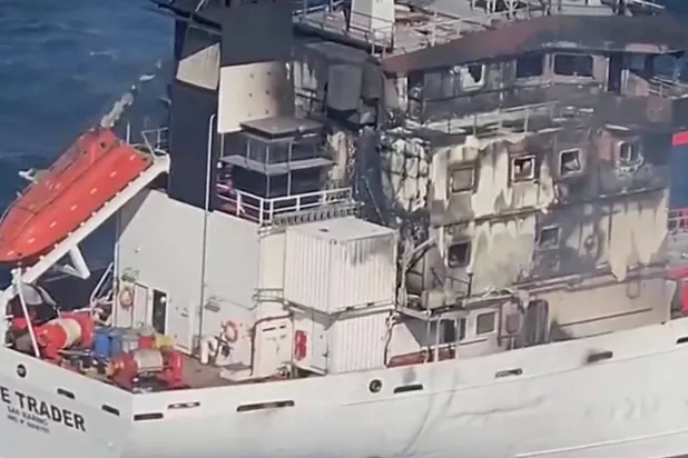 A screengrab from an aerial footage shows San Marino-flagged tanker ship that caught fire in Romanian territorial waters, released October 15, 2026. Romanian Interior Ministry/Handout via REUTERS 