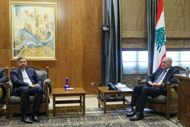 Lebanese Parliament Speaker Nabih Berri receives Iranian Deputy Foreign Minister Saeed Khatibzadeh in Beirut (EPA)