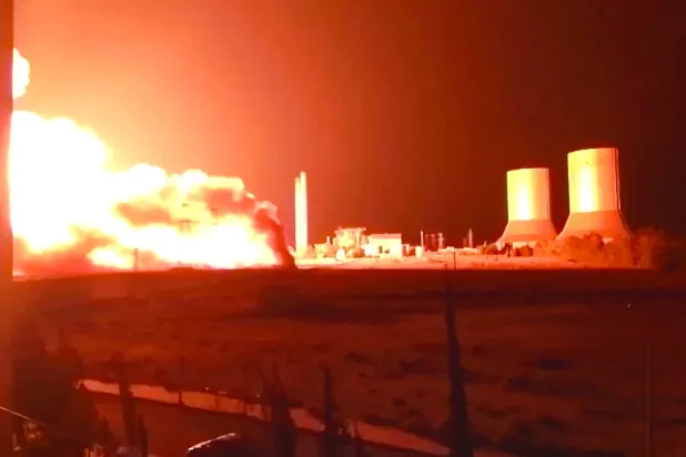 File: Flames rise at Tishreen thermal power plant following an explosion, near Otaybah, Syria, September 30, 2026, in this screengrab from video obtained from social media. Social Media/via REUTERS  