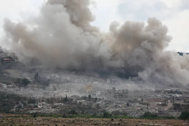 Smoke rises in al-Mansouri following Israeli explosions reported by Lebanon’s state news agency NNA as seen from Hinniyeh, southern Lebanon, September 28, 2026. (Reuters) 