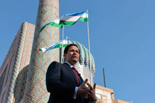  US Secretary of State Marco Rubio speaks to the press at Registan Square in Samarkand, Uzbekistan Monday, Oct. 19, 2026. (Kylie Cooper/Pool Photo via AP) 