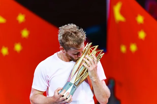 Alejandro Davidovich Fokina of Spain poses with his trophy after winning the Men's Singles final match against Rafael Jodar of Spain at the Shanghai Masters tennis tournament in Shanghai, China, 18 October 2026. (EPA)