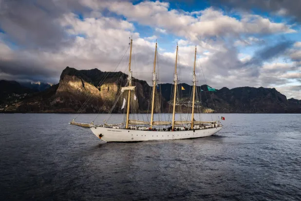The four-masted sailing vessel Santa Maria Manuela sails in the open sea off the coast of Madeira, on October 12, 2026 during the "Madeira Ocean" scientific expedition. (AFP)