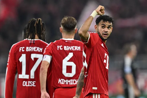 Bundesliga - Bayern Munich v RB Leipzig - Allianz Arena, Munich, Germany - October 17, 2026 Bayern Munich's Luis Diaz celebrates scoring their sixth goal. (Reuters)