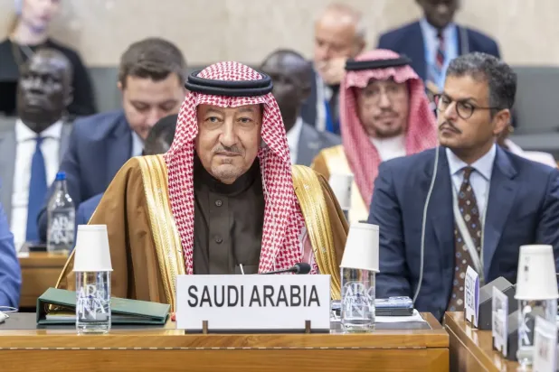 Suudi Arabistan Dışişleri Bakan Yardımcısı Mühendis Velid el-Hureyci, dün Cenevre’de düzenlenen toplantıda. (SPA)