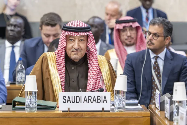 Engineer Waleed al-Khuraiji, Saudi Deputy Minister of Foreign Affairs, during his participation in the meeting hosted by Geneva on Wednesday (SPA)