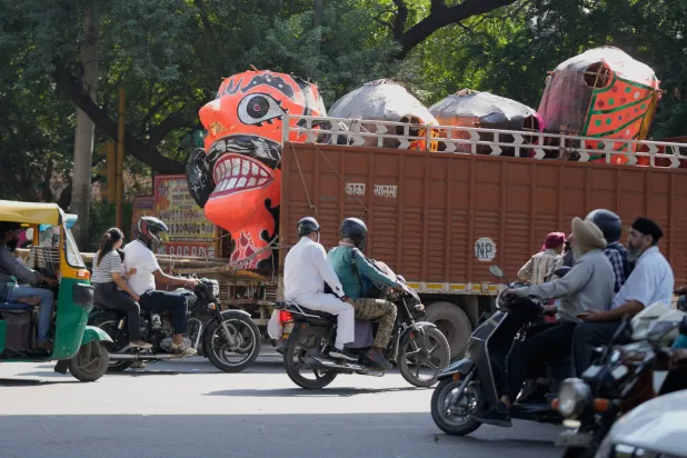 Effigies of Ravana are transported on a truck ahead of the Hindu festival of Dussehra in New Delhi, India, Sunday, Oct. 18, 2026. (AP Photo/Channi Anand)