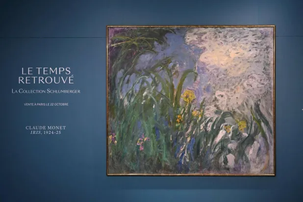 This photograph shows French painter Claude Monet's "Iris", 1924–1925, during a preview of 28 Impressionist works of the Schlumberger Collection unveiled ahead of the October 22, 2026, sale at Sotheby's auction house in Paris on September 17, 2026. 