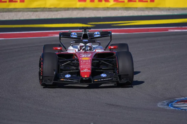 Ferrari driver Charles Leclerc, of Monaco, steers his car into a turn during the second practice session for the Formula One United States Grand Prix auto race in Austin, Texas, Friday, Oct. 23, 2026. (AP Photo/Eric Gay)