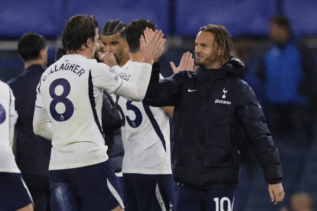 Premier League - Chelsea v Tottenham Hotspur - Stamford Bridge, London, Britain - October 24, 2026 Tottenham Hotspur's Conor Gallagher celebrates after the match with James Maddison. (Reuters)