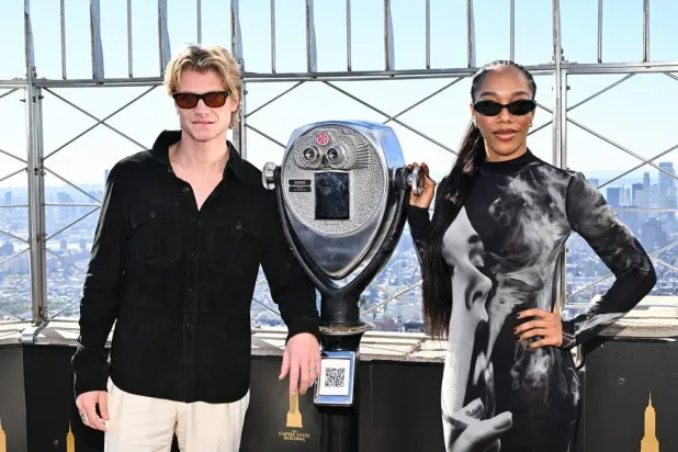  Actors Tom Rhys Harries, left, and Naomi Ackie from the film "Clayface" visit the Empire State Building on Thursday, Oct. 22, 2026, in New York. (AP) 