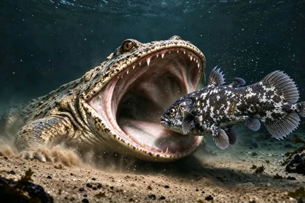 An artistic reconstruction of the Triassic Period marine amphibian, Gerrothorax maritimus, seen suction-feeding on a coelacanth at the bottom of the ocean, in a handout image released on October 26, 2026. Chen Geng, Guizhou University/Handout via REUTERS    